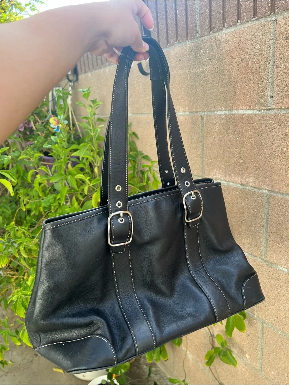Coach Black Leather Shoulder Tote with Silver Buckles